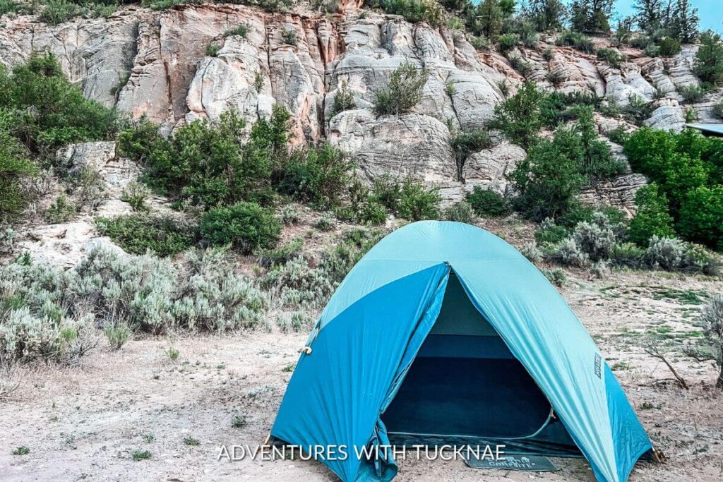 Camping in a blue tent at Belly of the Dragon in the canyon. The ground is rocky and sandy, there are green bushes surrounding the area, and there is a rock wall behind the tent. 