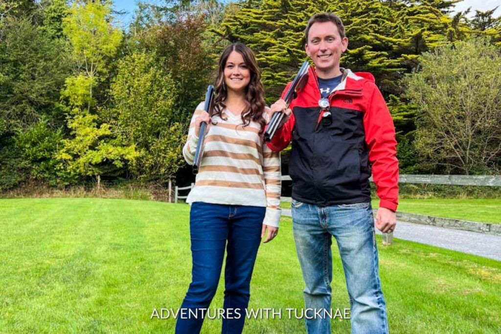 Two people posing after clay shooting at Ashford Castle.