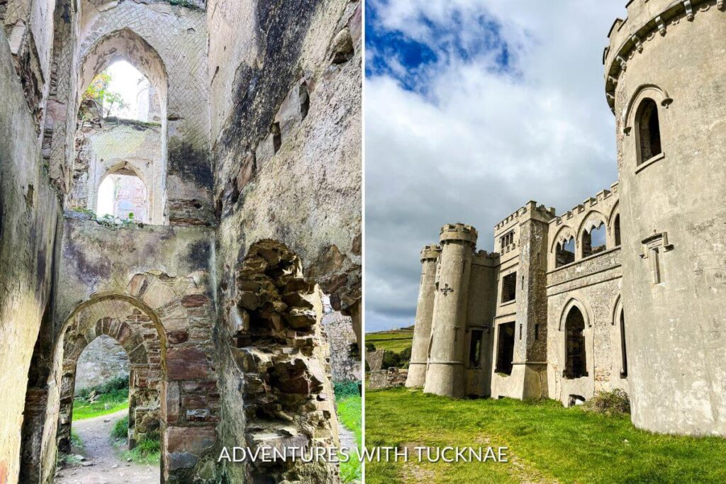 Images of the inside and outside of the Clifden Castle ruins, showing the deterioration of the castle. 
