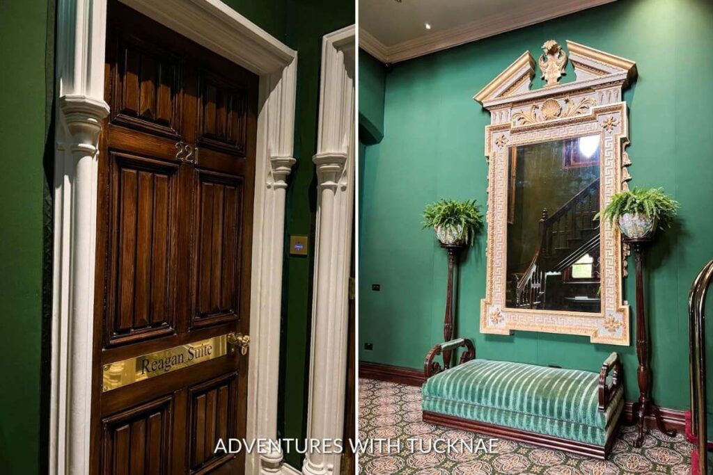 The hallway outside of Reagan Presidential Suite at Ashford Castle. The walls and carpets are green, there are ornate wooden elements, and a giant white-framed decorative mirror hanging above the green bench. 
