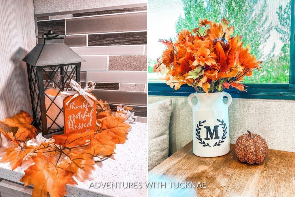Fall RV decorations in our RV. The left image shows a black lantern surrounded by colorful orange leaves and an orange sign that reads "thankful, grateful, blessed." The right image shows a white vase with a black M filled with orange fall foliage and an orange pumpkin sitting on a table by a window. 