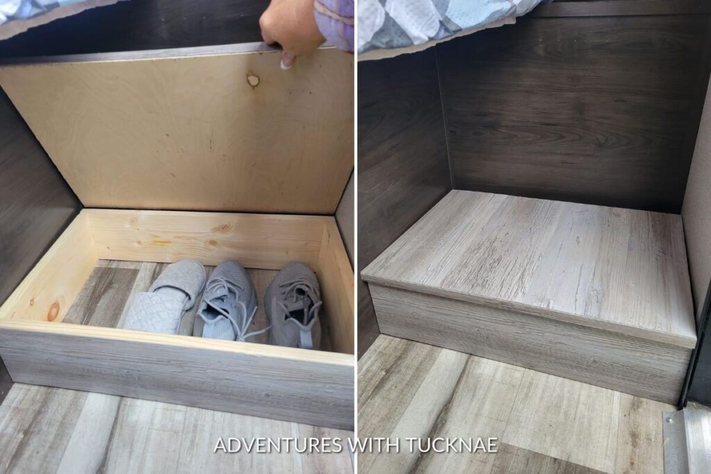 Custom built RV shoe storage in an RV bedroom