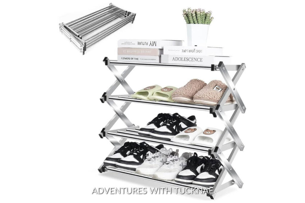Foldable shoe rack holding shoes and other misc items