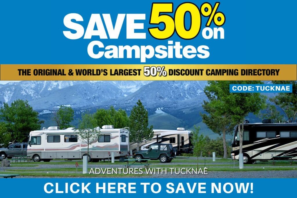A graphic showing how to save 50% on campsites with a Passport America Membership.