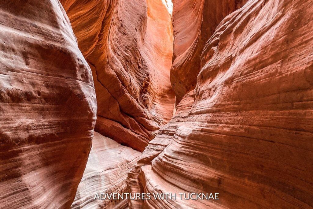 A bright orange and red swirled slot canyon in southern Utah.