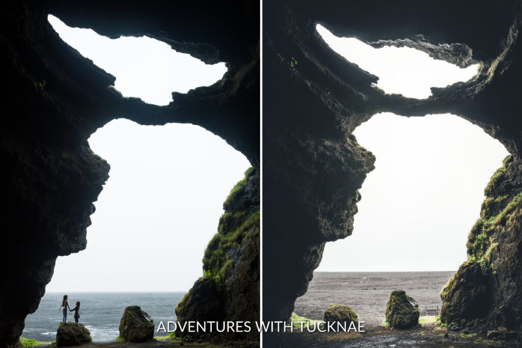 Two kids posing for a picture in the Yoda Cave near Vik, Iceland
