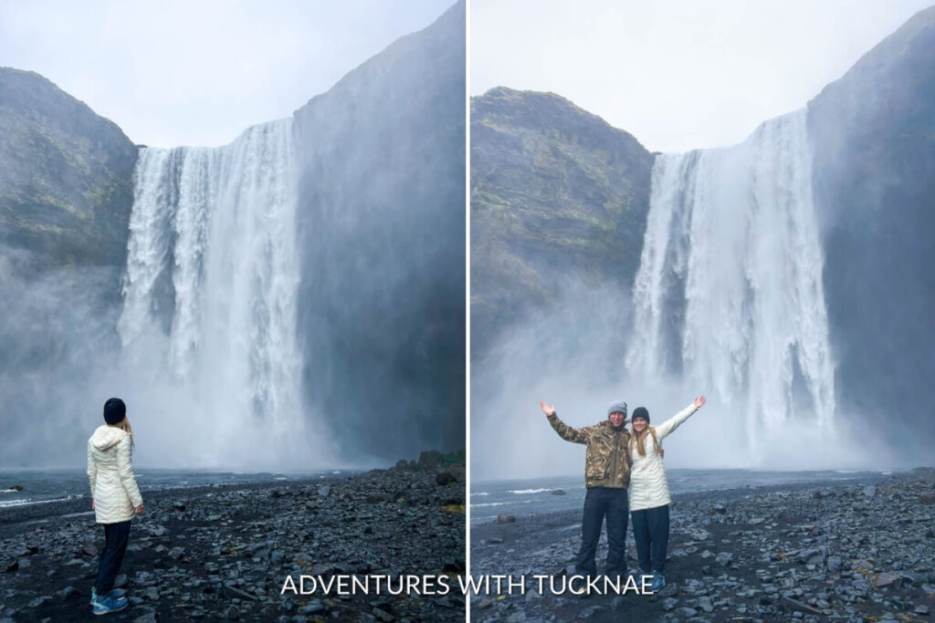 Two people posing in front of Skógafoss waterfall in Iceland