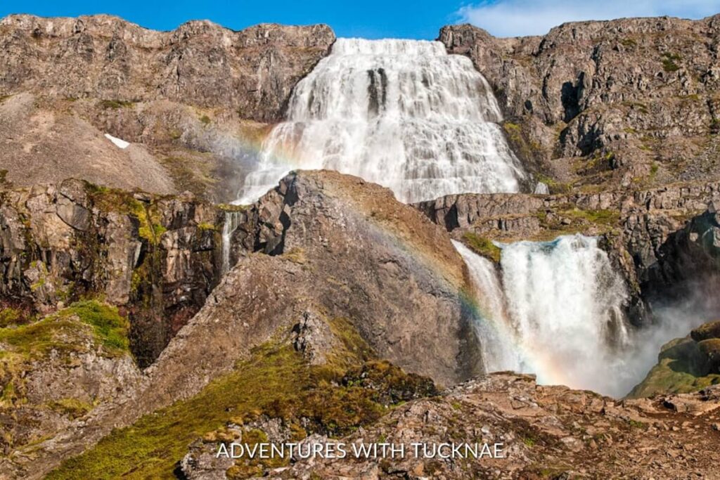 Dynjandi Falls with a rainbow in Iceland
