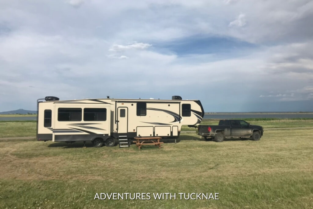 A 5th wheel RV and truck camping at Maxwell National Wildlife Refuge