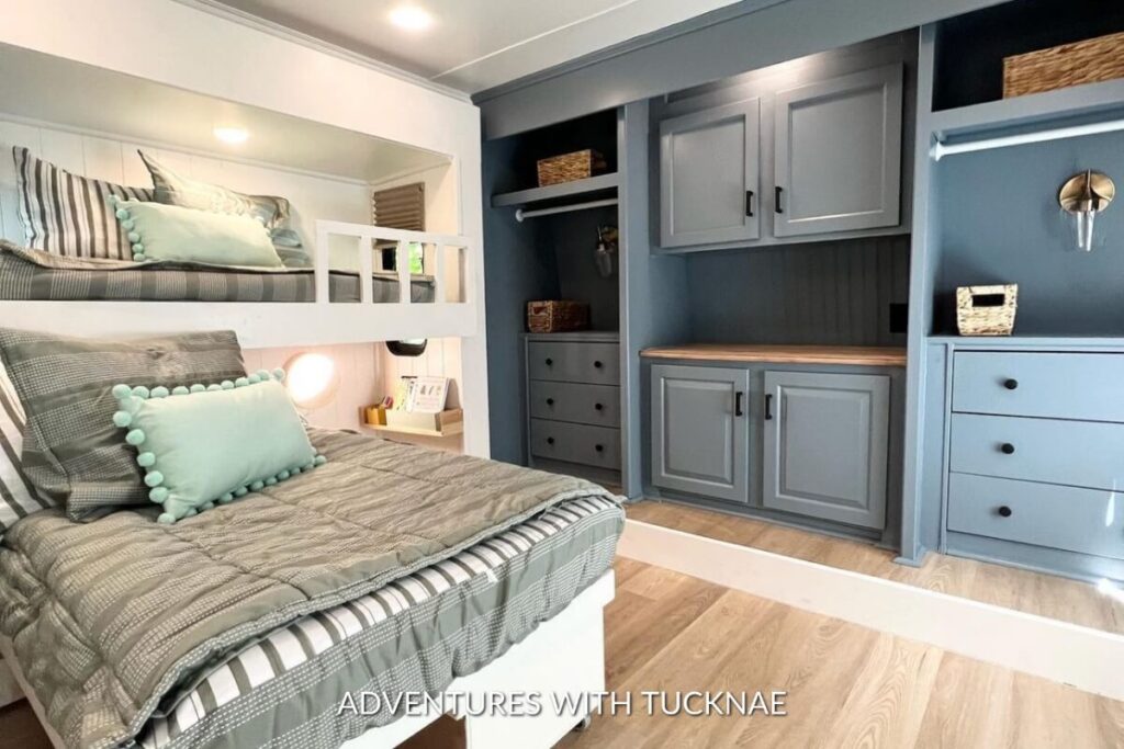 An RV master bedroom turned into a double bunk room for kids
