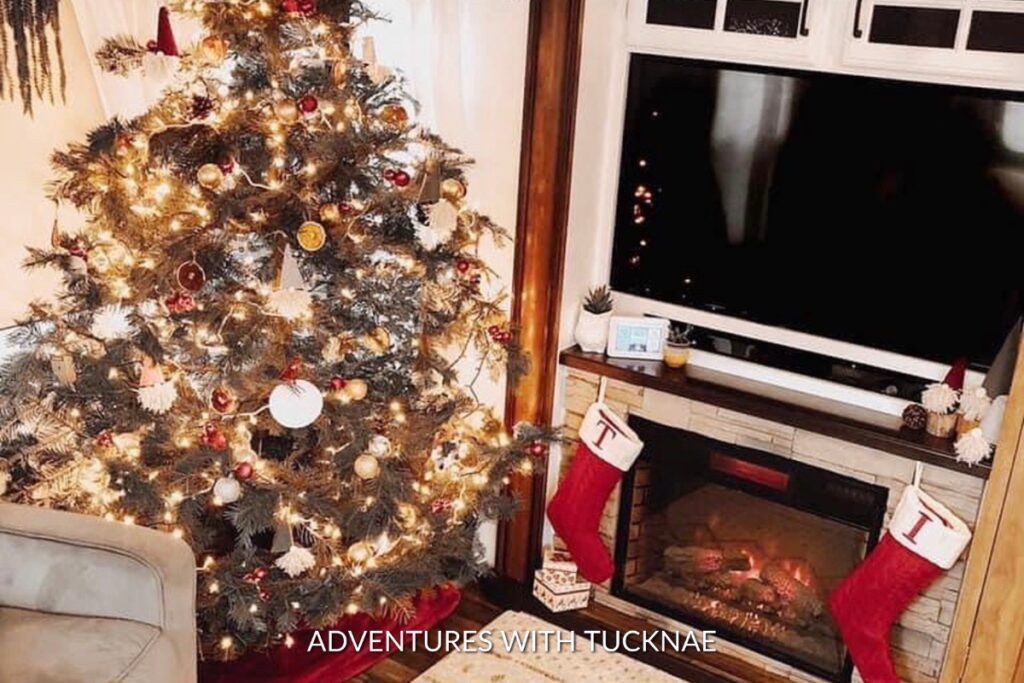 A Christmas tree and stockings in an RV