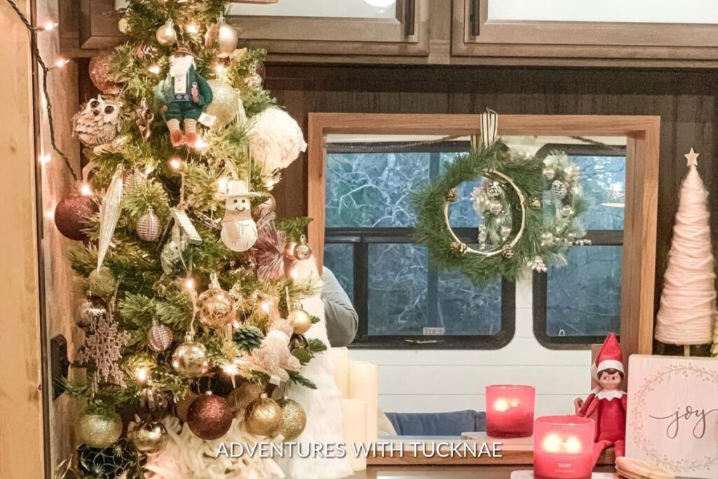 A small table-top Christmas tree in an RV