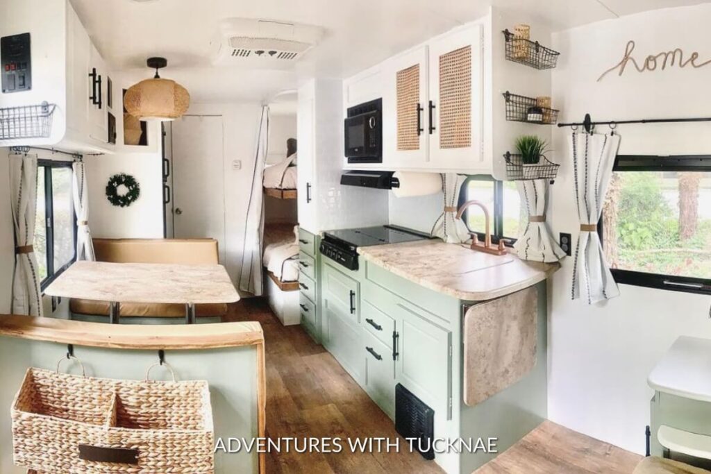 A simple white and green RV renovation