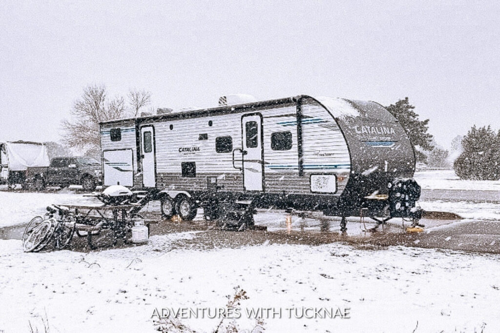 A Catalina travel trailer in the snow