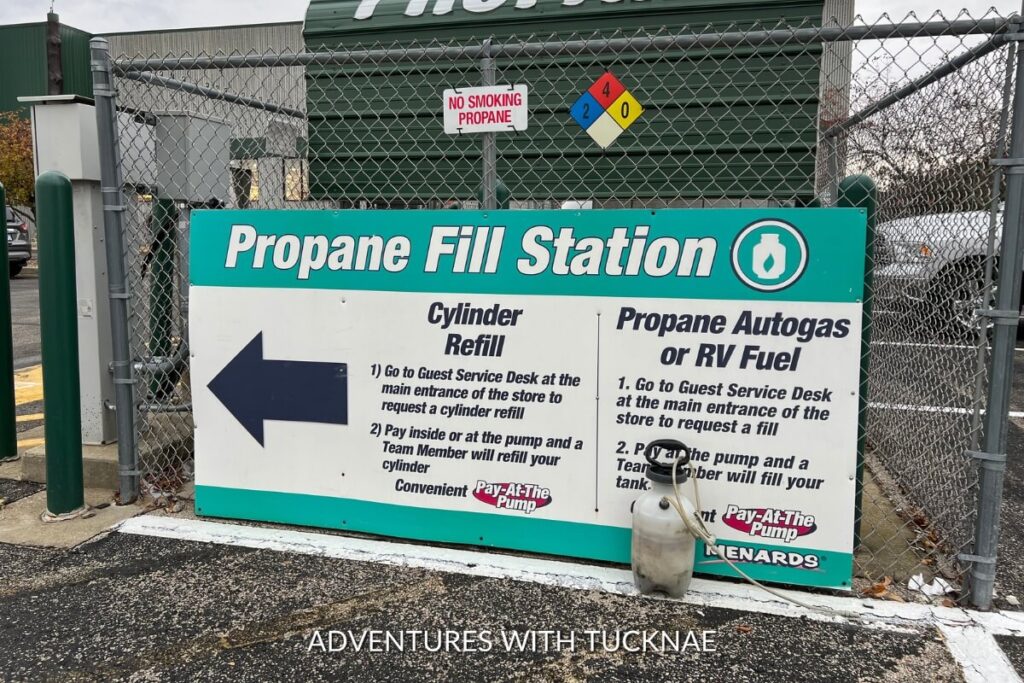 A propane refill station at Menards. The sign shows instructions.