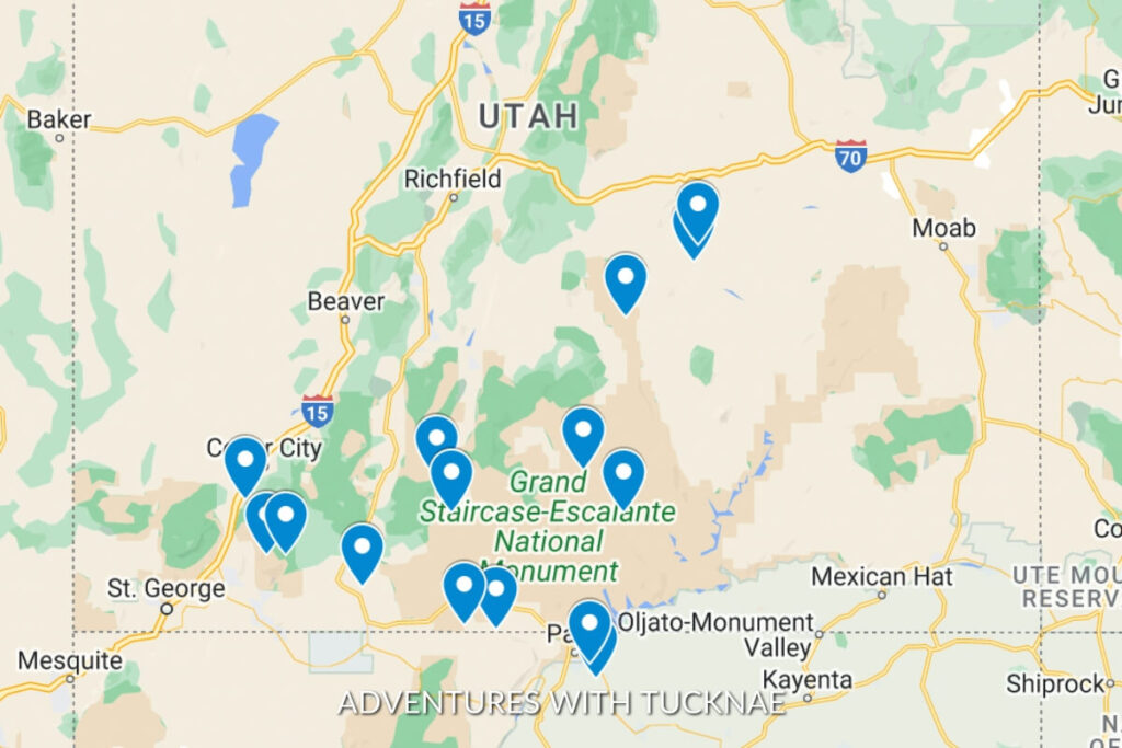 Map of Southern Utah with location markers indicating the best slot canyons for adventures, prominently featuring the Grand Staircase-Escalante National Monument area and surrounding regions