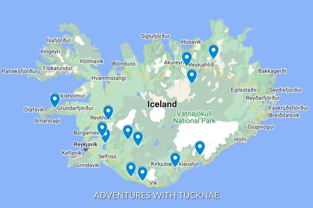 Map showing the locations of the best waterfalls in Iceland, including popular tourist destinations like Glymur, Haifoss, and Hraunfossar, with markers indicating each site.
