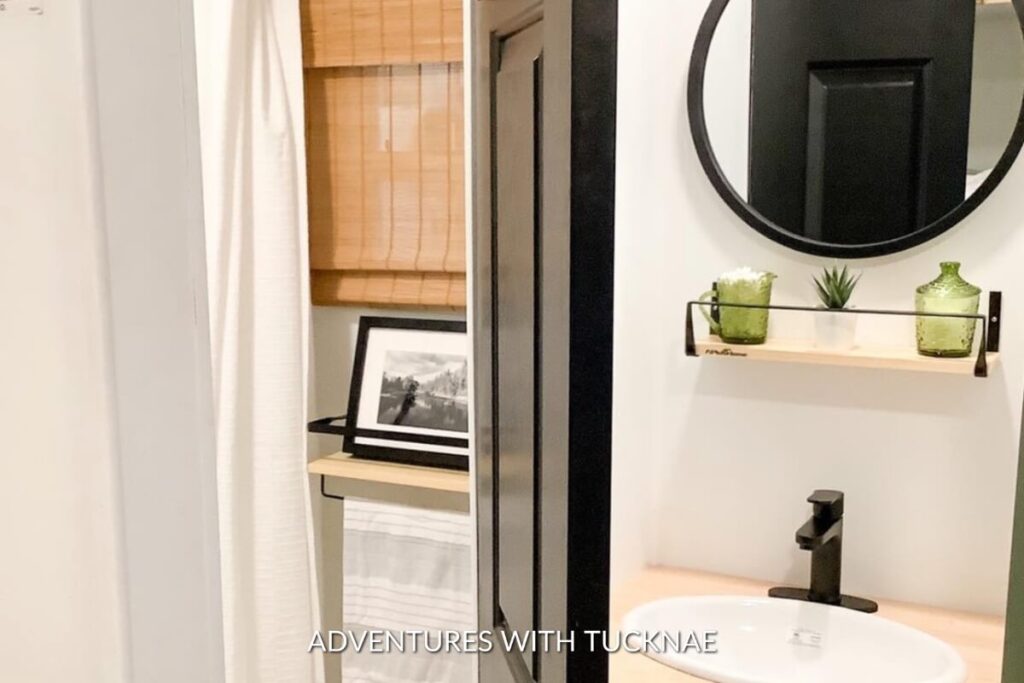 A simple RV bathroom renovation with black and white accents