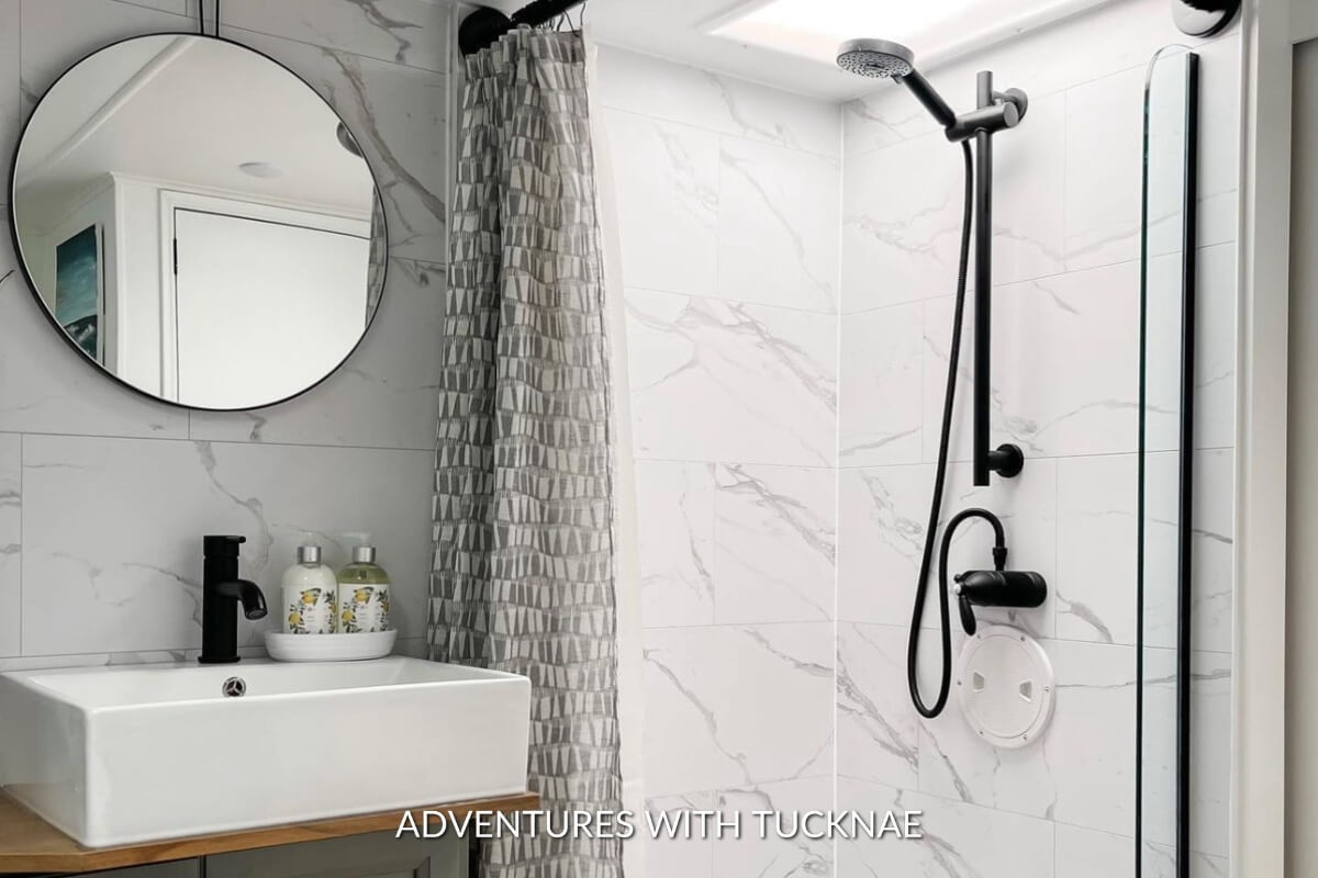 RV Camper Travel Trailer Bathroom Stick on Shower Corner Storage Bar 
