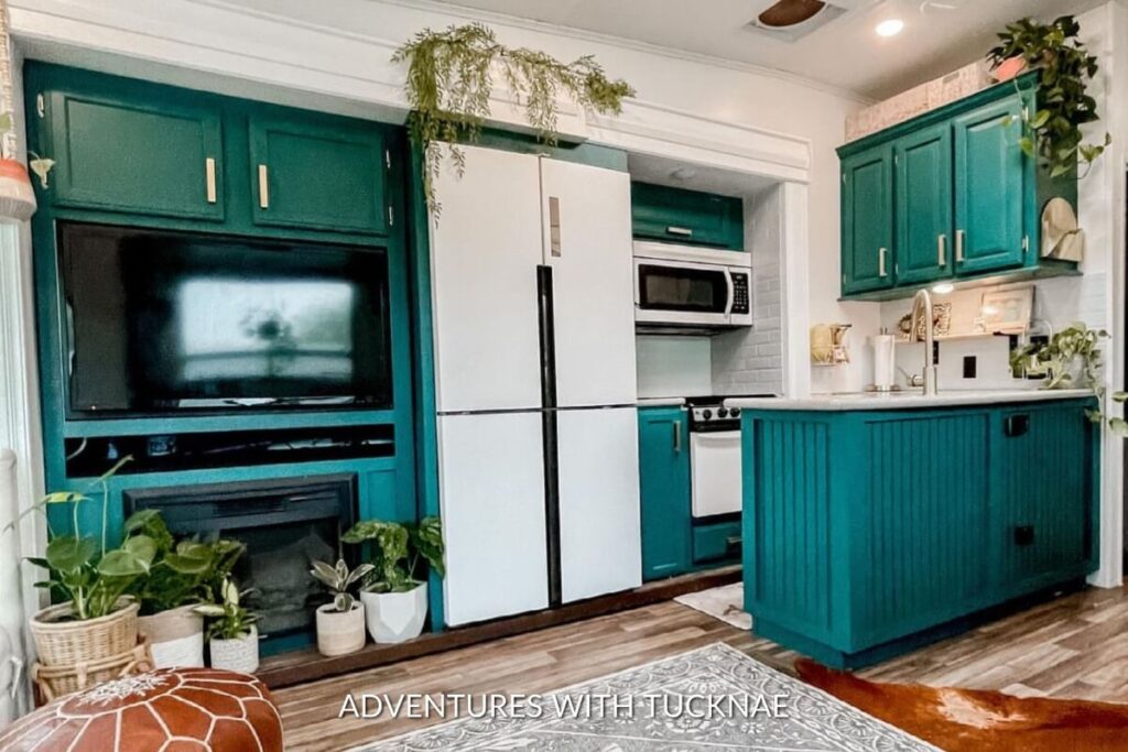 Cozy RV living space with emerald green cabinets, a flat-screen TV, and vibrant houseplants enhancing the homely vibe.