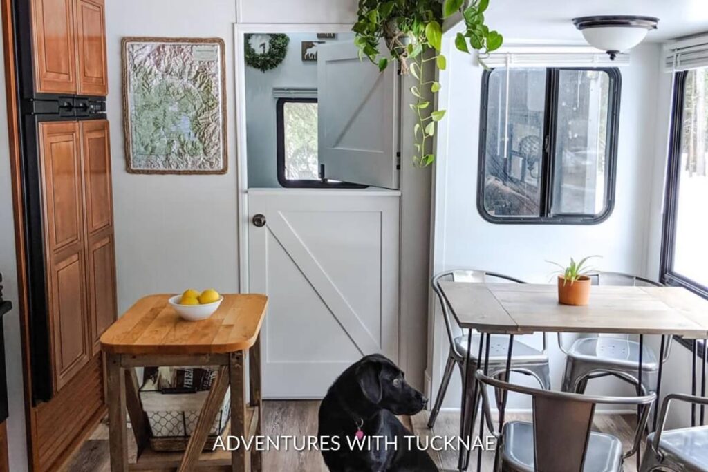 Clean and simple RV kitchen setup with a black dog sitting by a wooden dining table and a white farm door in the background.