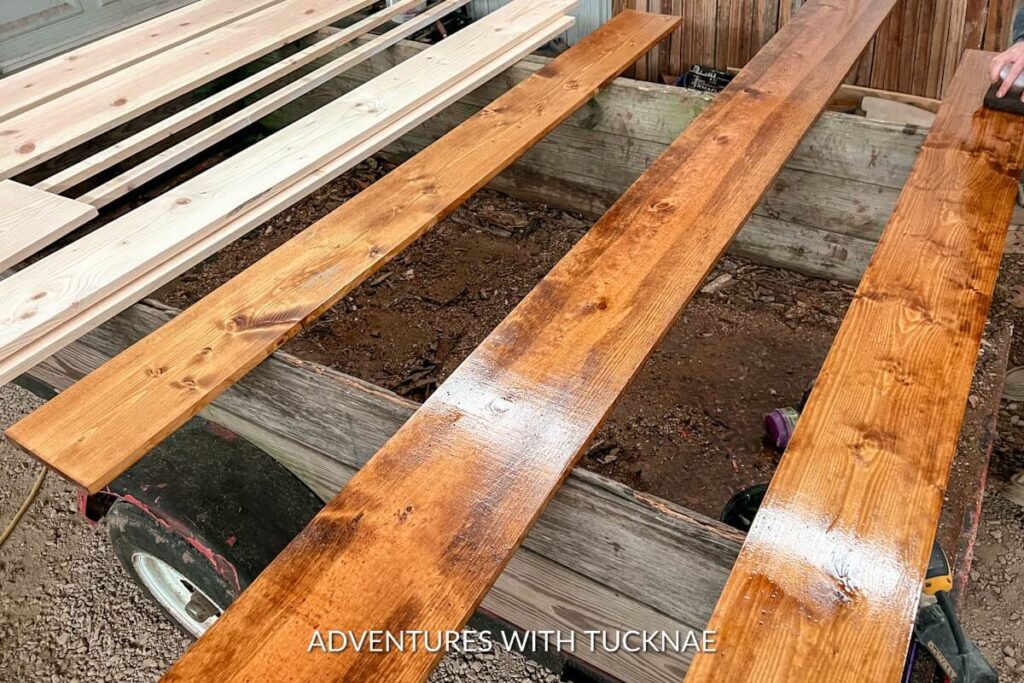 Staining the wood for our RV slide trim