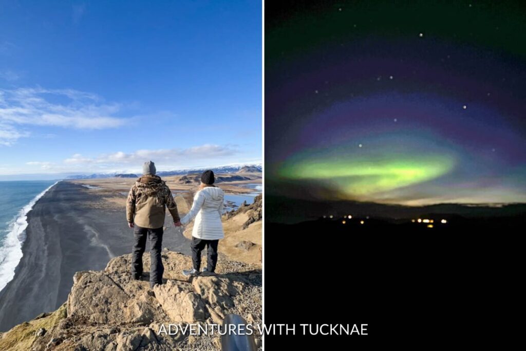 A couple standing on the edge of a cliff in Iceland looking out over the black sand beach below and a picture of the northern lights on the right