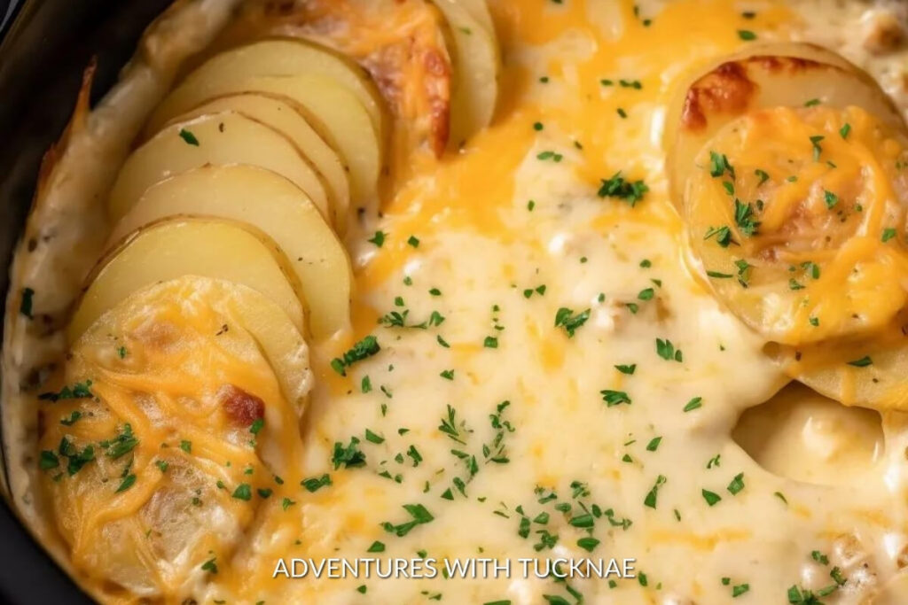 Golden scalloped potatoes with melted cheese and fresh herbs, a perfect rv camping crockpot dish for a cozy outdoor adventure.