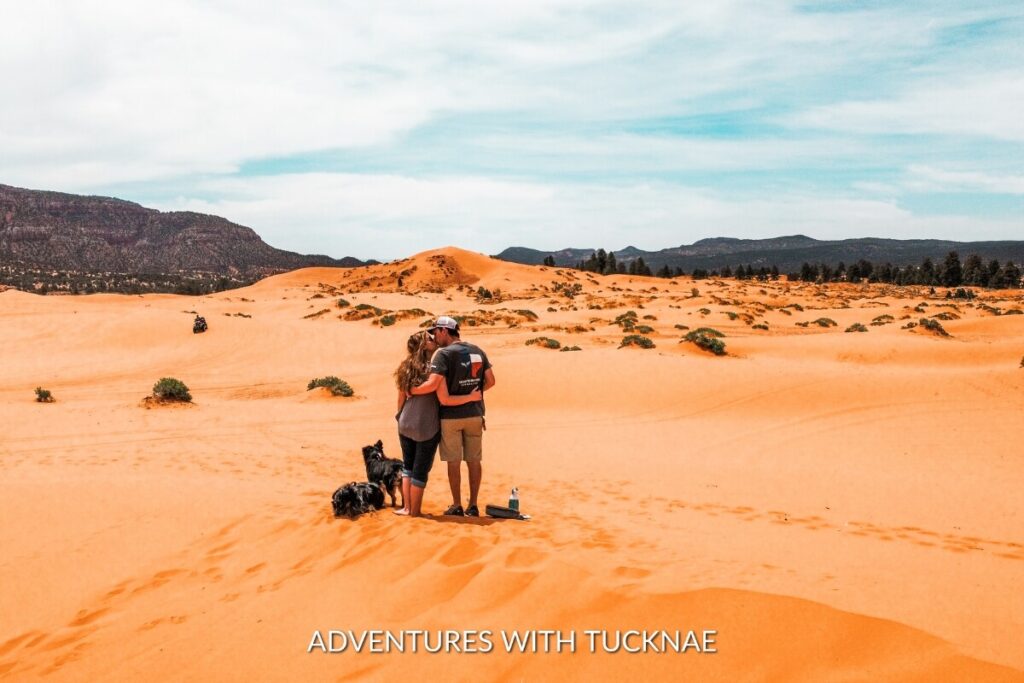 A couple embracing next to their dog, with a backdrop of the vibrant and instagrammable Coral Pink Sand Dunes State Park in Utah, showcasing the vast dunes and distant mountains.