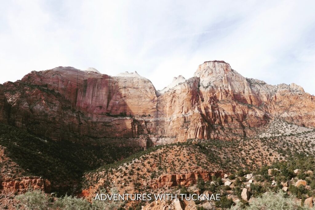 The summit of Angel's Landing, one of the most instagrammable spots in Zion National Park, Utah, with panoramic views of the steep red cliffs and scenic canyon below.