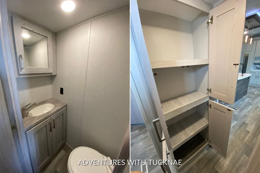 Compact RV bathroom with a vanity sink, mirror, and storage cabinet in a Keystone Montana High Country RV.