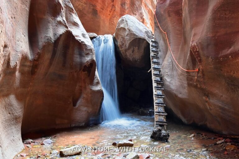 Water forcefully cascades down into a tranquil pool at Kanarraville Falls, flanked by smooth, towering red rock walls with a rustic ladder affixed to the side, hinting at adventurous hikes in Southern Utah.