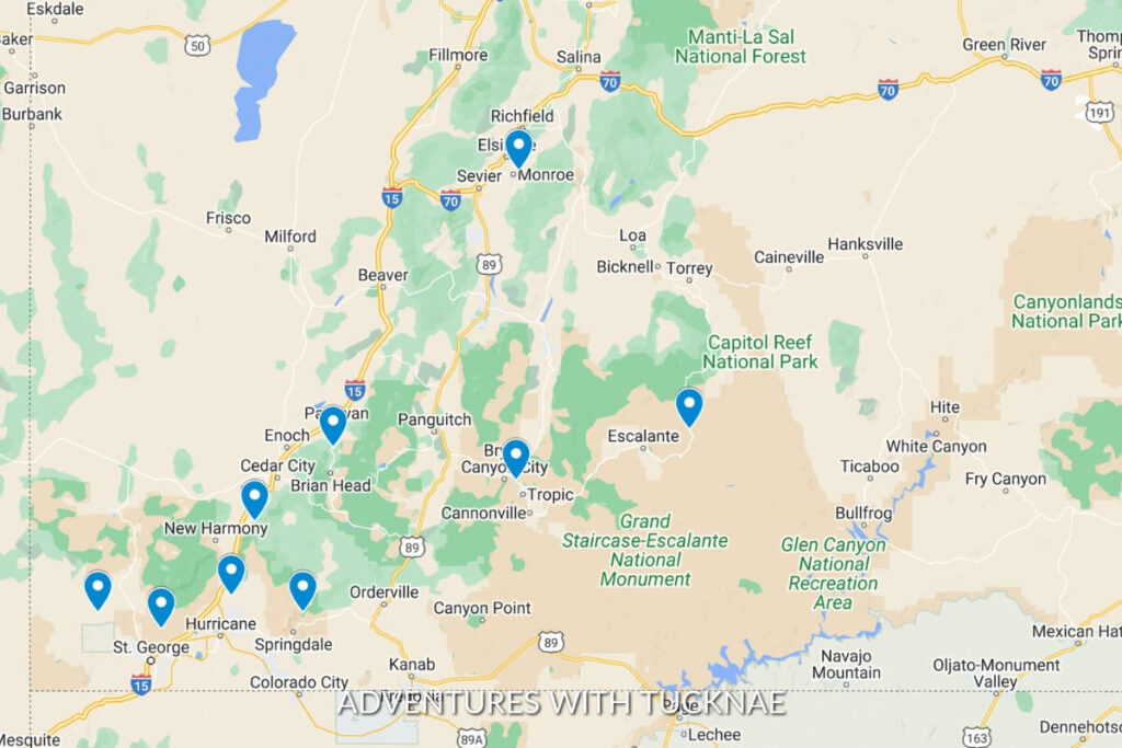 A map showing the locations of multiple waterfalls in Southern Utah
