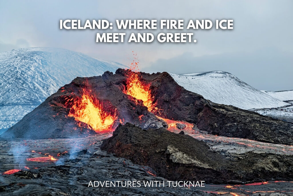 A dramatic eruption with lava spewing from a volcano in an icy landscape, epitomizing the stark contrasts of Iceland, described with 'Iceland: Where fire and ice meet and greet.'