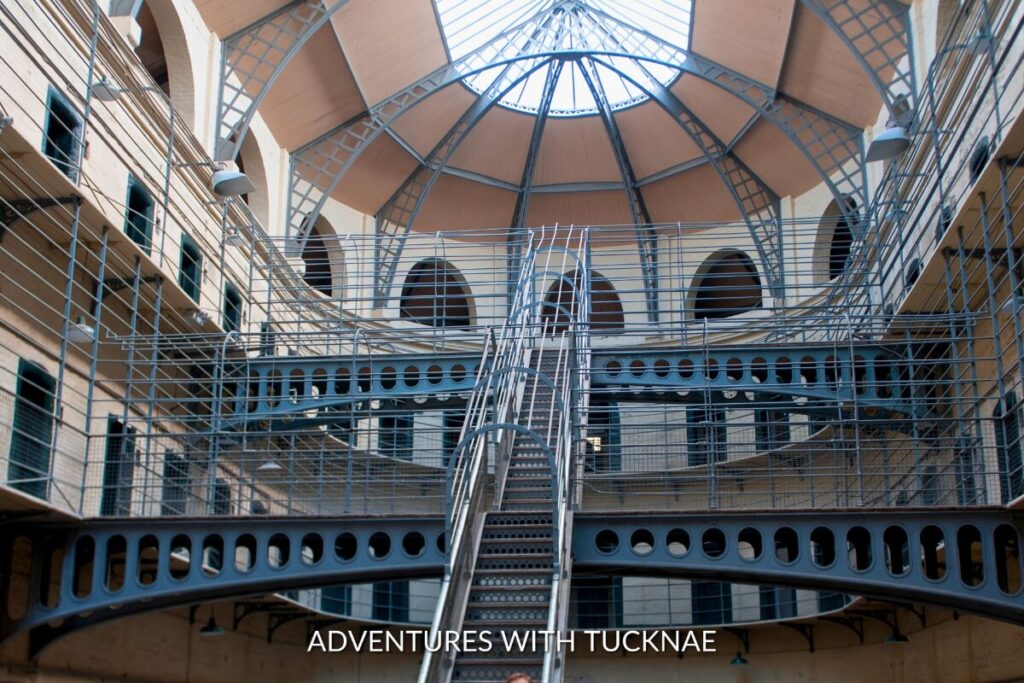 Symmetrical shot of the imposing structure of Kilmainham Gaol's entrance, an Instagrammable historic site in Dublin.