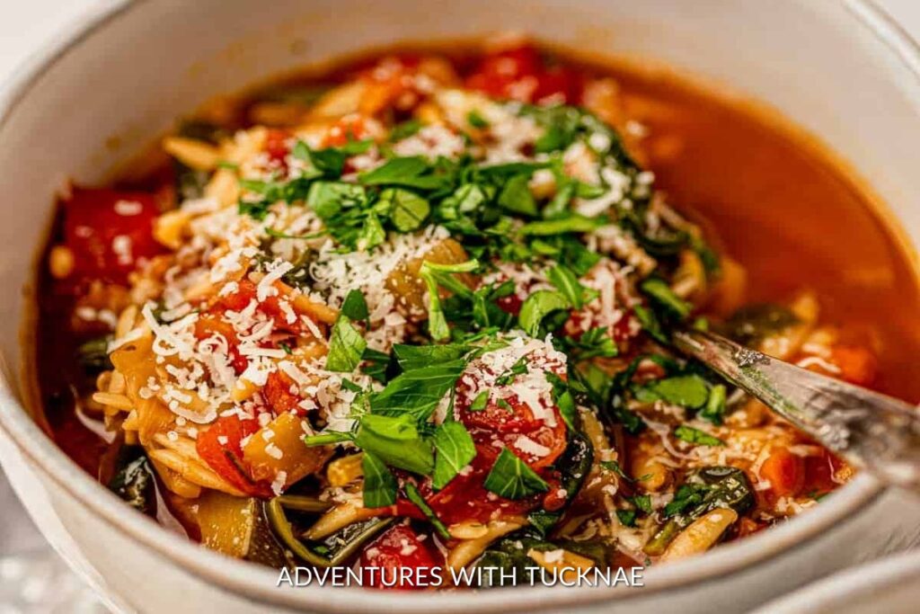 Instant Pot Minestrone Soup: A bowl of warm and hearty Instant Pot minestrone soup, packed with vegetables, pasta, and a sprinkle of cheese, perfect for cool nights.