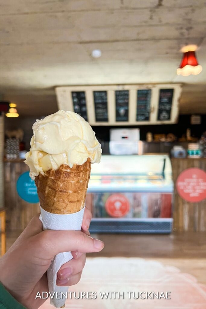 Close-up of Janae's hand holding a creamy scoop of ice cream in a waffle cone, set against the backdrop of a farm shop's interior, showcasing a casual dining setting.