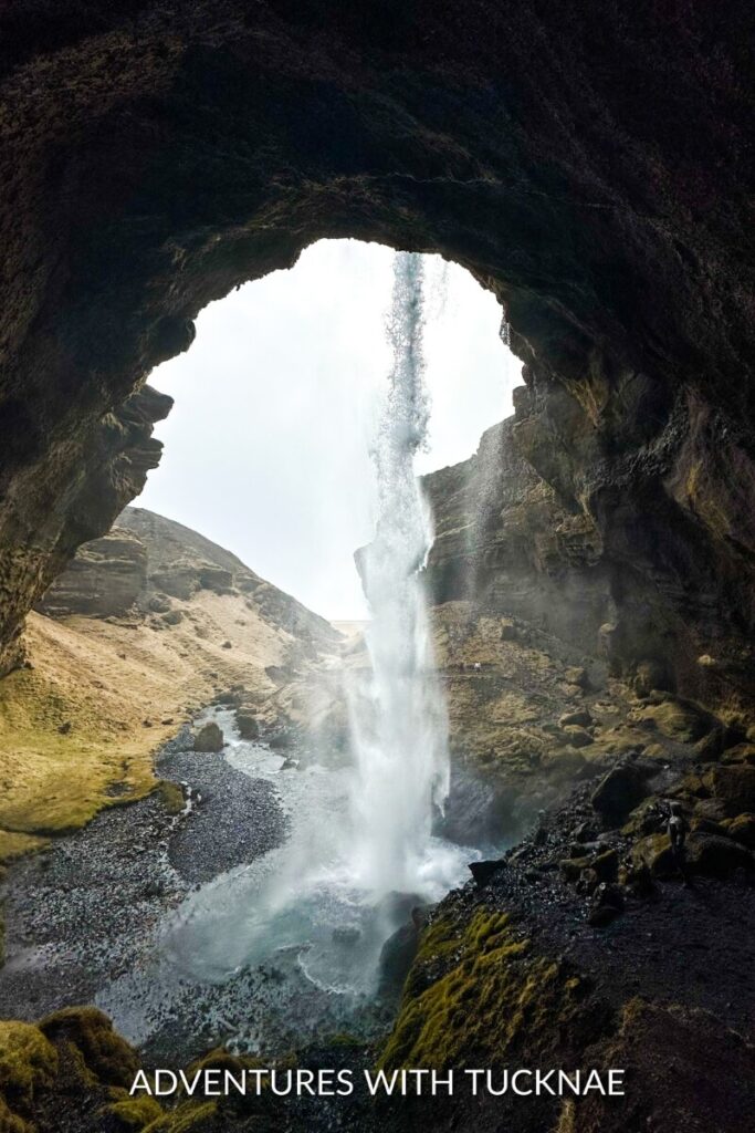 The view from behind Kvernufoss waterfall in Iceland. 