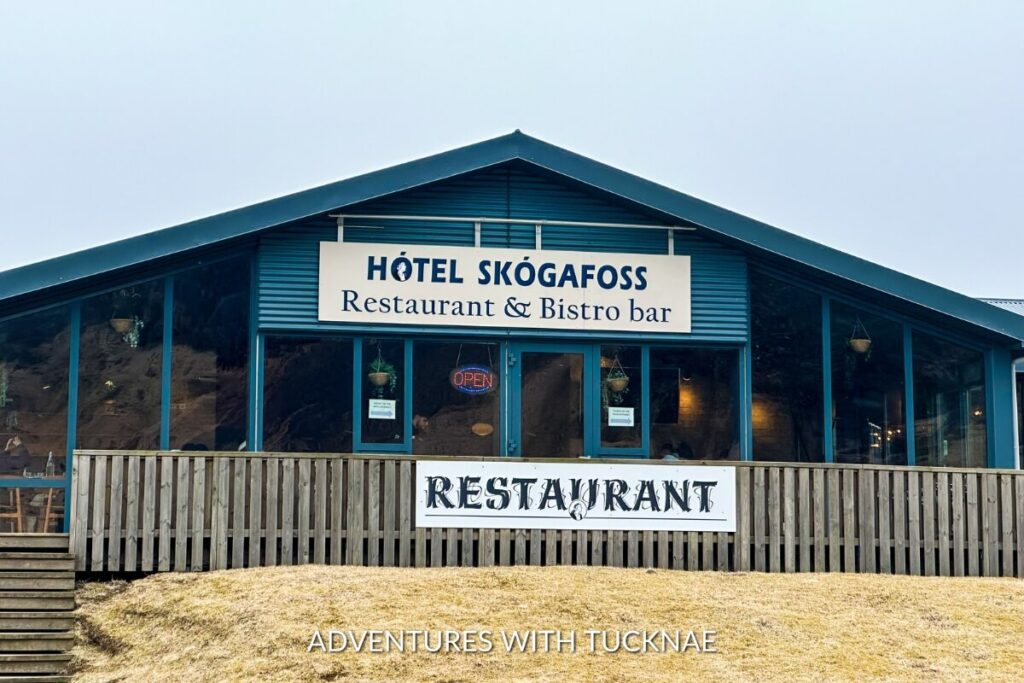 The outside of the Hotel Skogafoss Restaurant & Bistro Bar in Skogar Iceland