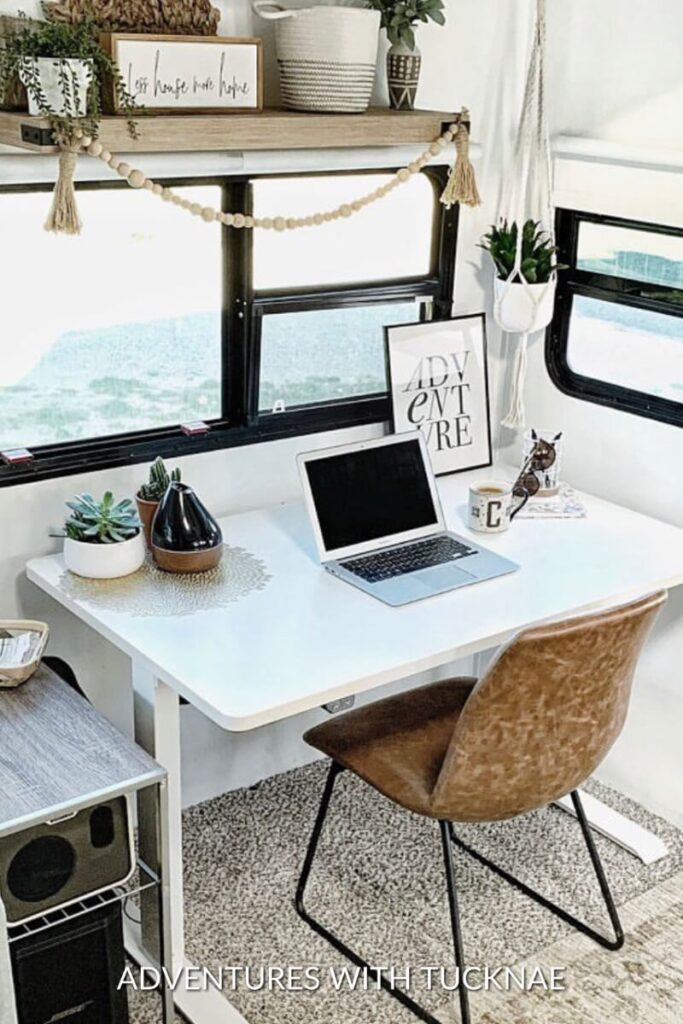 A renovated desk space in an RV.