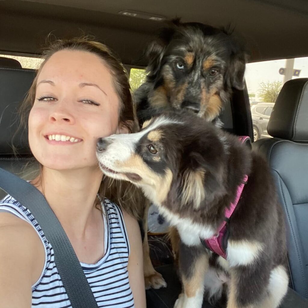 Janae takes a selfie inside a vehicle with Cap and Marvel, the two Mini Aussies, with Marvel playfully sniffing her face.