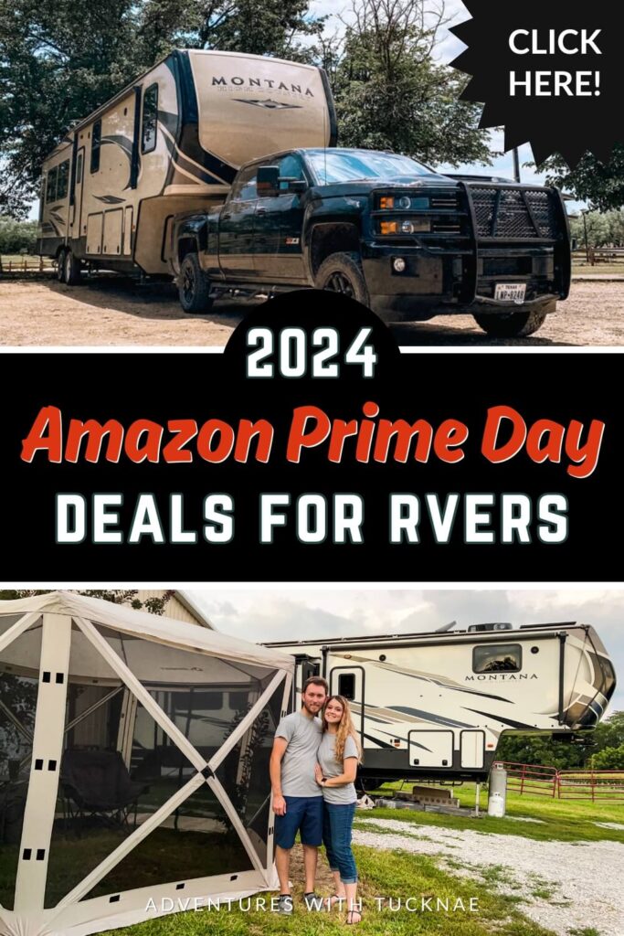 Pinterest graphic for "2024 Amazon Prime Day Deals for RVers" featuring a large Montana fifth-wheel trailer hitched to a black truck at the top. The bottom section shows a couple standing next to a screened outdoor tent and their Montana trailer.