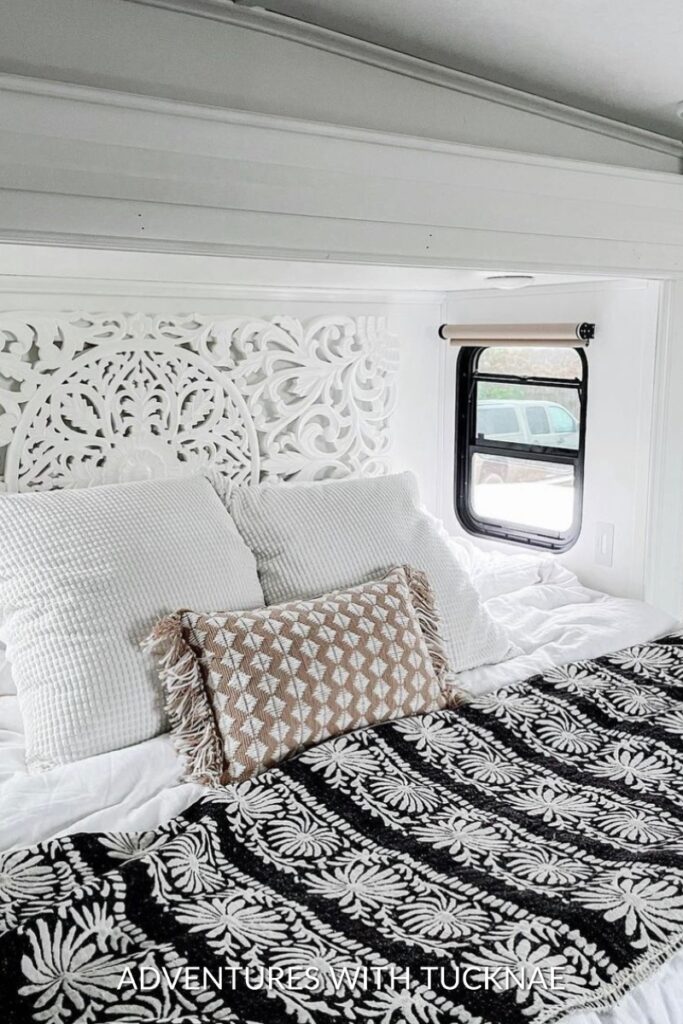 A modern black and white RV bedroom makeover