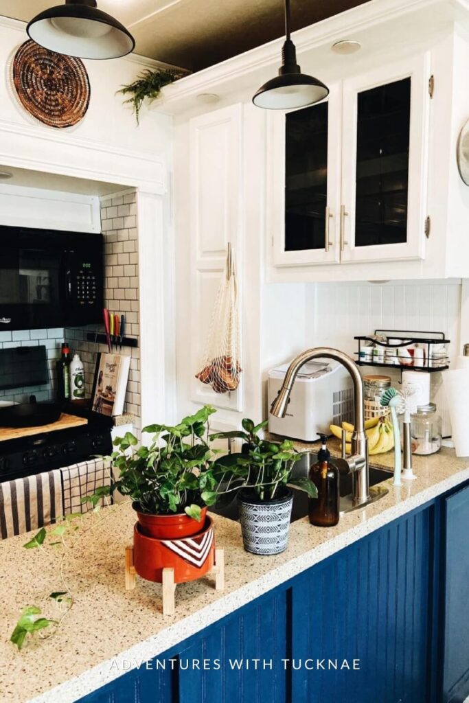 A lively RV kitchen with a subway tile backsplash, a net bag holding fresh produce, and a blue cabinet base, surrounded by healthy green plants and a toaster on the countertop.
